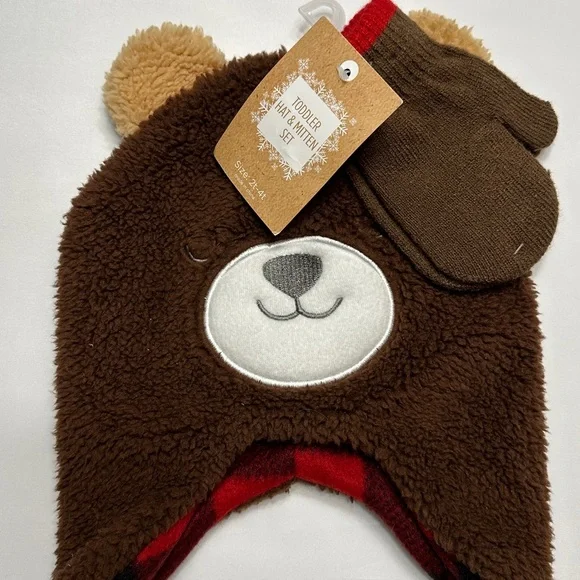 Teddy Bear Brown Kids Toddler Winter Hat and Glove Set Mitten Plaid NWT - Picture 3 of 9